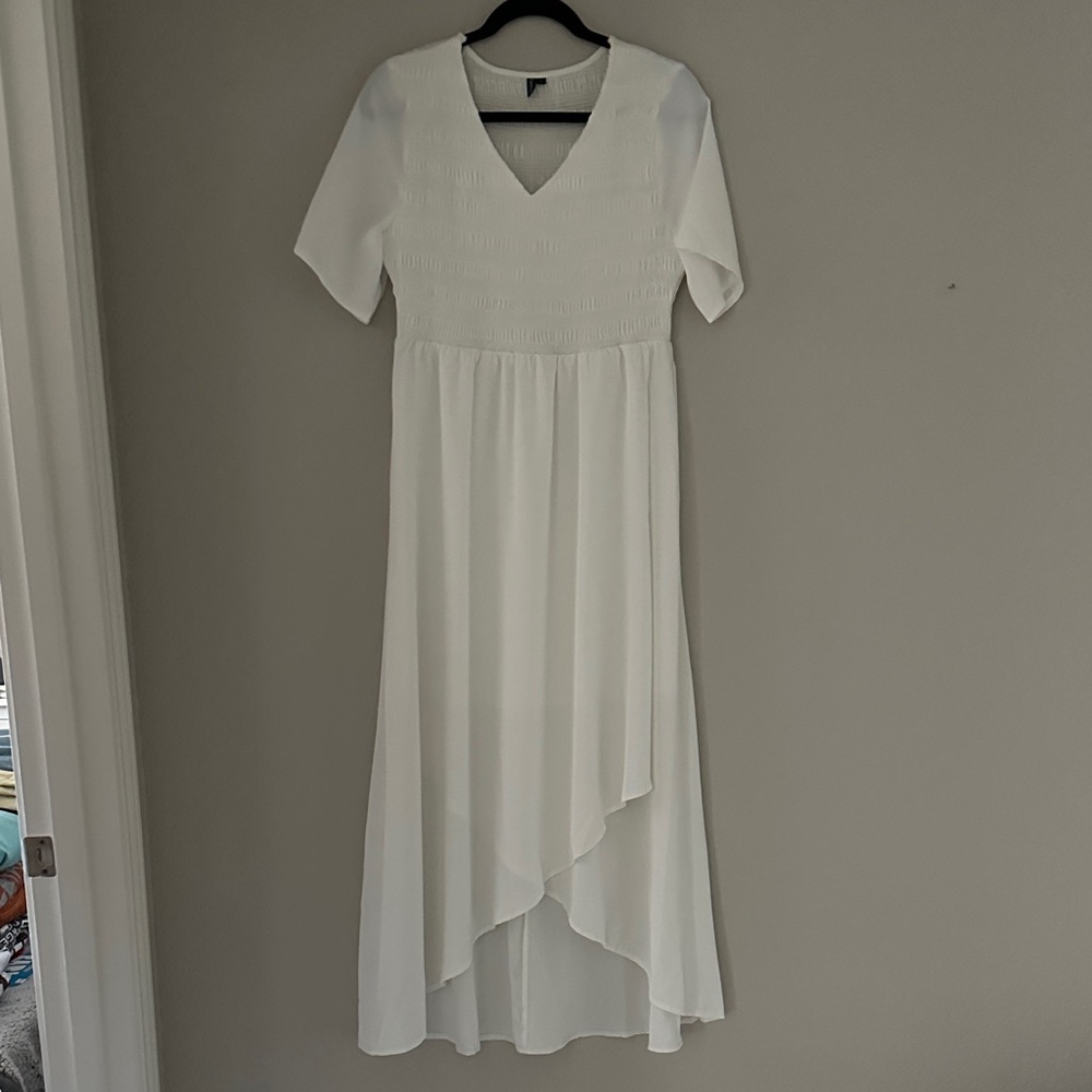 High - Low White V-Neck Dress